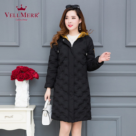 VELLMERR中老年女装2018秋冬新款中长款韩版直筒连帽棉外套ZQQ916商品大图