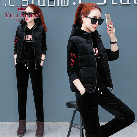 VELLMERR中老年女装2018秋冬新款韩版加绒加厚卫衣三件套装ZQQ920商品大图