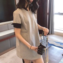 洋气口袋连衣裙ops 灰色蓝色拼接小领短袖 夏新品 LS韩国东大门代购
