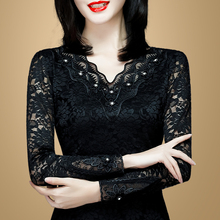 修身v领长袖蕾丝打底衫女2018新款冬季保暖上衣加绒加厚秋冬小衫