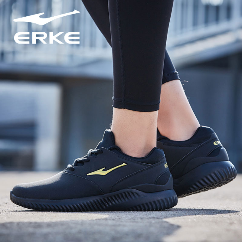 ERKE Sports Shoes Men's Shoes Autumn New 2019 Leather Waterproof Casual Shoes All Pure Black Running Shoes