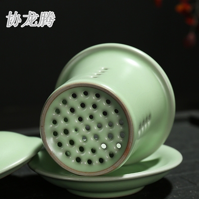 协龙腾 陶瓷汝窑办公杯带盖过滤茶水分离老板杯喝茶泡茶马克杯杯