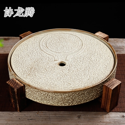 协龙腾石磨陶瓷圆形仿古实木茶盘干泡茶具套装大号壶承储水蓄水排