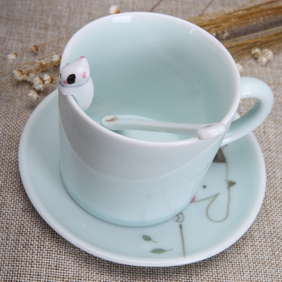 协龙腾包邮3D立体动物陶瓷杯创意马克杯子可爱情侣杯子带勺个性咖