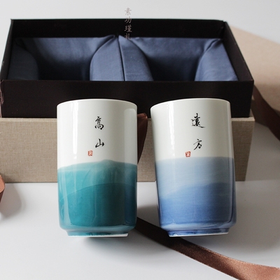 协龙腾手绘釉下蓝色绿色山水创意陶瓷杯带盖勺简约定制写字马克杯