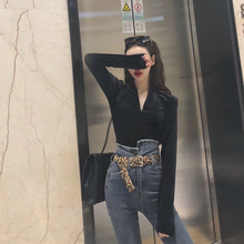 小衫 百搭修身 性感v领丝绒打底衫 上衣 女洋气长袖 秋冬新款 网红新款