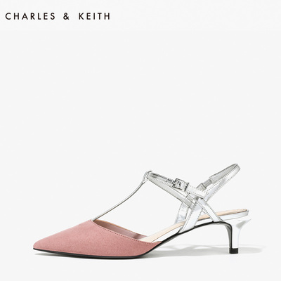 CHARLES&KEITH夏高跟凉鞋CK1-60900060绒面T字带尖头中猫跟鞋