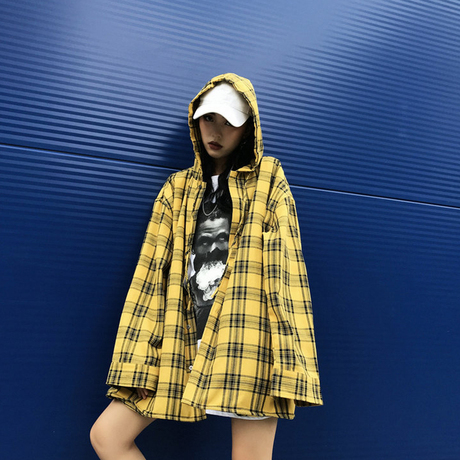 连帽秋冬外套2018新款网红格子长袖上衣服衬衫女装宽松韩版范百搭商品大图