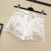胖mm200斤高腰a字热裤 宽松破洞阔腿大码 女夏2018新品 刺绣牛仔短裤