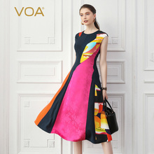 VOA真丝提花撞色拼接时尚秋游街拍修身大摆中长款连衣裙A10021图片