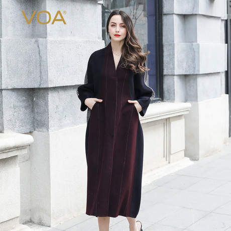 VOA新款撞料拼接毛呢外套V领长袖中腰斜插袋秋冬长款羊毛大衣商品大图