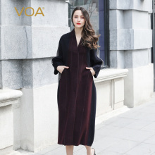 VOA新款撞料拼接毛呢外套V领长袖中腰斜插袋秋冬长款羊毛大衣图片