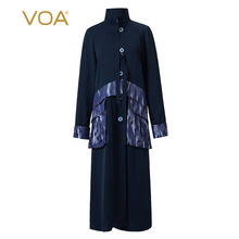 VOA41姆米水手蓝高领插肩袖单排扣宽松直筒秋冬长款真丝风衣外套图片