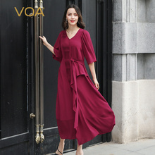 VOA圣诞红色V领泡泡袖中腰不对称褶皱拼接合身女真丝连衣裙A10115图片