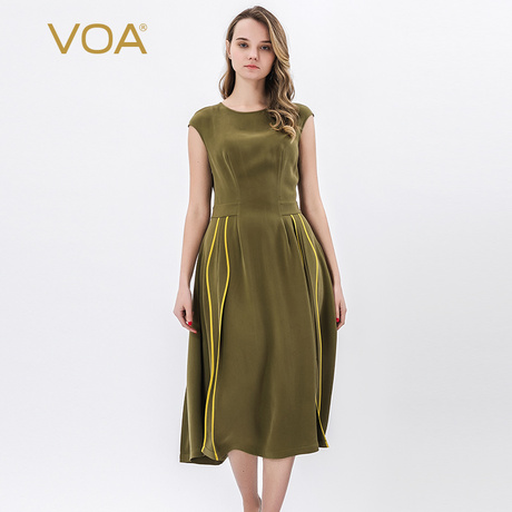VOA真丝重磅圆领包袖活页拼接撞色包边X型修身显瘦连衣裙女A10318商品大图
