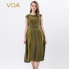 VOA真丝重磅圆领包袖活页拼接撞色包边X型修身显瘦连衣裙女A10318图片
