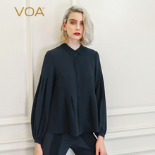 VOA41姆米藏青色衬衫领灯笼袖褶皱拼接修身常规款女真丝衬衫B307图片