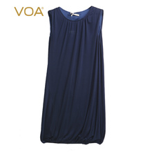 VOA(孤品)藏青真丝33姆米双面针织圆领松紧收口自然褶超弹连衣裙图片