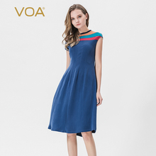 VOA40姆米重磅真丝连衣裙圆领包袖撞色拼接简约修身中长款女裙图片