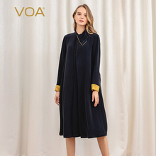 VOA藏青40姆米真丝重磅不规则双层领金色拱针拼接长袖钉珠连衣裙图片