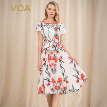 VOA30姆米重磅真丝短袖一字领中长款拼接假口袋印花收腰连衣裙图片