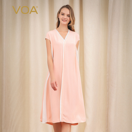 VOA40姆米粉白撞色重磅真丝和服领对丝连肩短袖宽松腰褶皱连衣裙商品大图