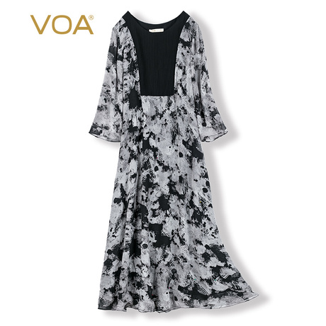 VOA18姆米真丝印花圆领套头拼接中长款短袖修身显瘦连衣裙商品大图