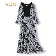 VOA18姆米真丝印花圆领套头拼接中长款短袖修身显瘦连衣裙图片