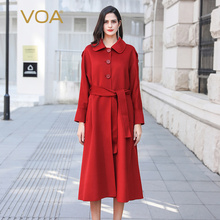 VOA红棕驼三色可选POLO领插肩袖中腰系带侧袋单排扣直筒羊毛大衣图片
