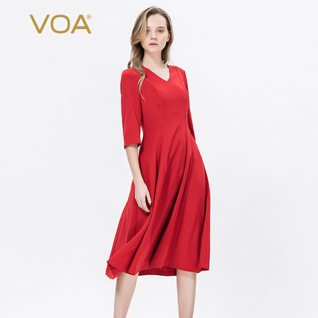 VOA重磅真丝36姆米鸡心领七分袖微弹挺括显瘦大摆连衣裙三色可选商品大图