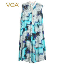 VOA(孤品)真丝提花印染系带立领设计包袖套头中腰宽松舒适连衣裙图片