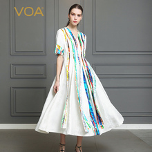 VOA38姆米重磅真丝茉莉花白中腰短袖对丝工艺大摆连衣裙A336图片
