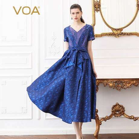 VOA33姆米重磅真丝深海蓝立体塔克线鸡心领腰间蝴蝶结复古连衣裙商品大图
