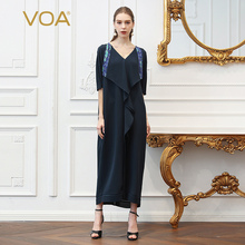 VOA41姆米重磅真丝水手蓝V领蝙蝠袖印花茧型连衣裙A329图片