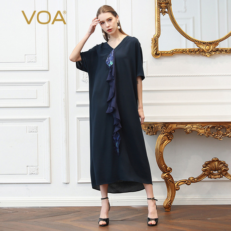 VOA41姆米重磅真丝水手蓝V领蝙蝠中袖荷叶拼接连衣裙长裙A328商品大图