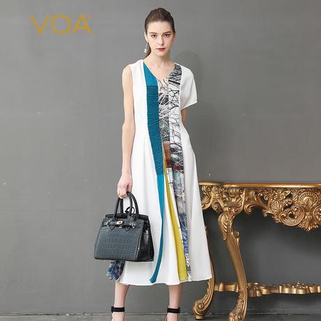 VOA41姆米重磅真丝撞色活页边拼接鸡心领不对称中长款连衣裙A368商品大图