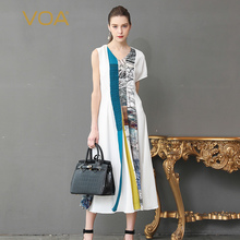 VOA41姆米重磅真丝撞色活页边拼接鸡心领不对称中长款连衣裙A368图片