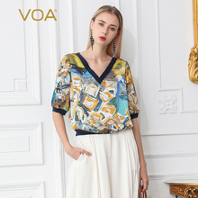 VOA 印花真丝拼接V领五分袖下摆收腰简约基本款宽松舒适上衣B700图片