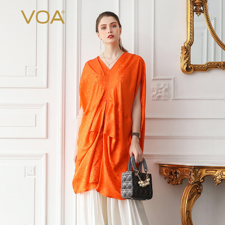 VOA2019新款真丝简约纯色拼接褶皱丝绸短袖桑蚕丝V领T恤女B525商品大图