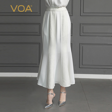 VOA2019新款真丝简约纯色拼接中腰丝绸长款桑蚕丝鱼尾裙女C580商品大图
