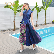 VOA藏青丝绸花色撞料立褶收腰荷叶边假两件宫廷礼服连衣裙A677图片
