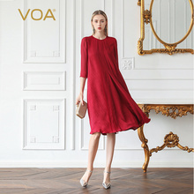 VOA红色真丝提花褶皱拱针对丝拼接中长款显白五分袖连衣裙女A863图片