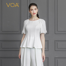 VOA白色重磅真丝T恤插肩袖口抽碎修身圆领简约基础打底上衣B703图片