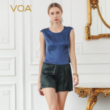 VOA2019新款真丝简约纯色丝绸拼接圆领桑蚕丝短袖百搭T恤女B707图片