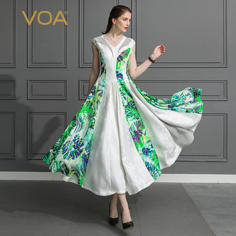 VOA甜美风重磅真丝长裙白绿拼接V领中腰短袖套头连衣裙女A673商品大图