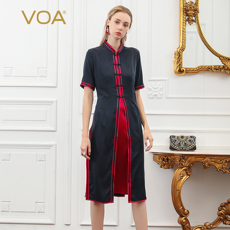 VOA真丝香云纱连衣裙女立领中长款单排扣两件套及膝裙A1861商品大图