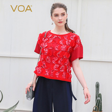 VOA醇红重磅真丝圆领落肩短袖拱针对丝花瓣拼贴直筒女t恤衫B607图片