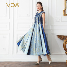 VOA100%桑蚕丝连衣裙圆领包袖街头欧美风对丝拼接真丝女长裙A613图片