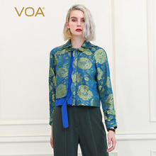 VOA绿色真丝提花蓝底活页撞色拼接娃娃领插肩袖单排扣短外套W368图片