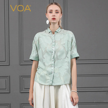VOA2019新款真丝拼接褶皱丝绸短袖桑蚕丝蝙蝠袖衬衫女B728图片